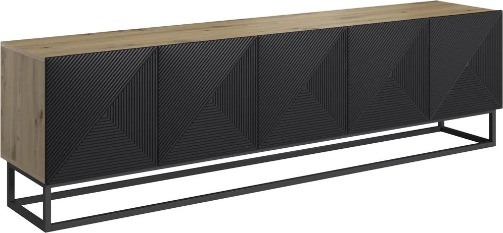 Asha RTV szekrény 200 cm - ryflowott előlap / fekete fém lábak, artisan / fekete matt