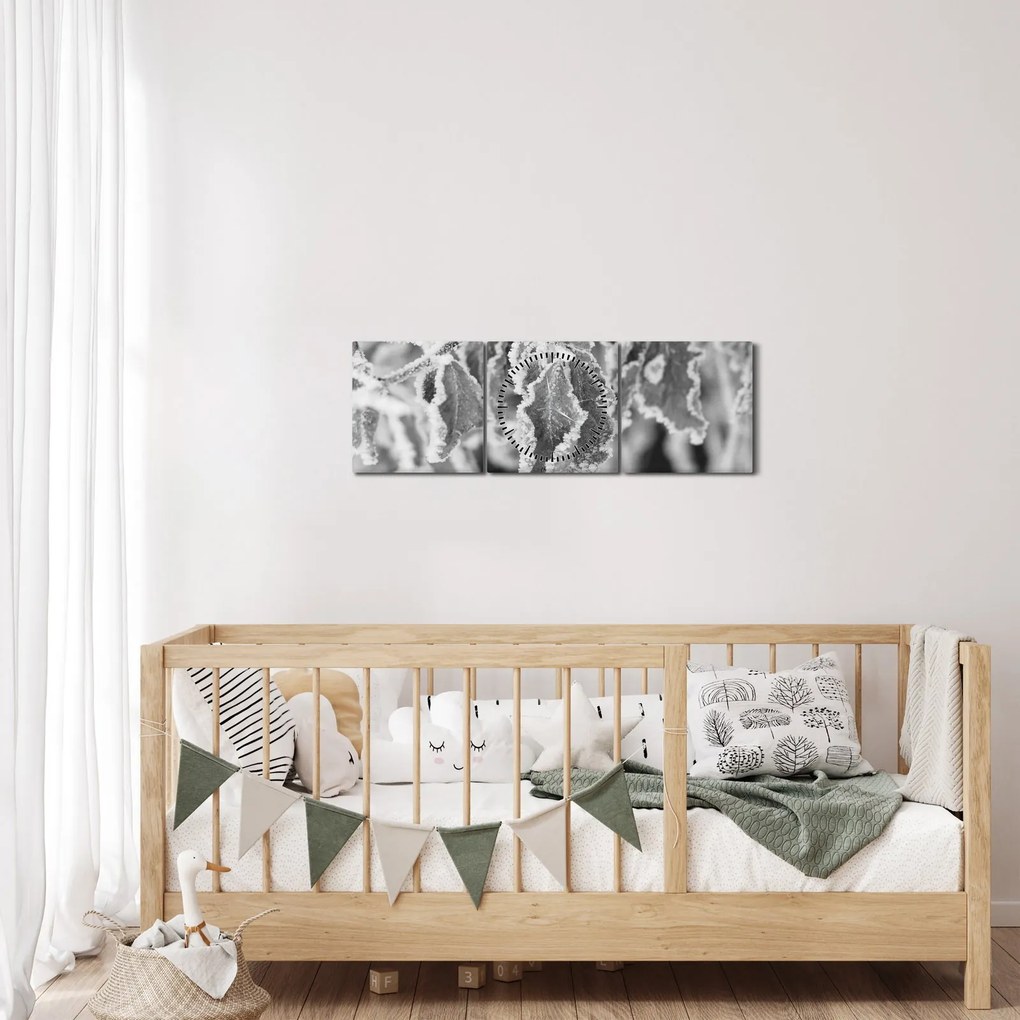 Kép - Fagyott levelek, fekete-fehér (órával) (90x30 cm)