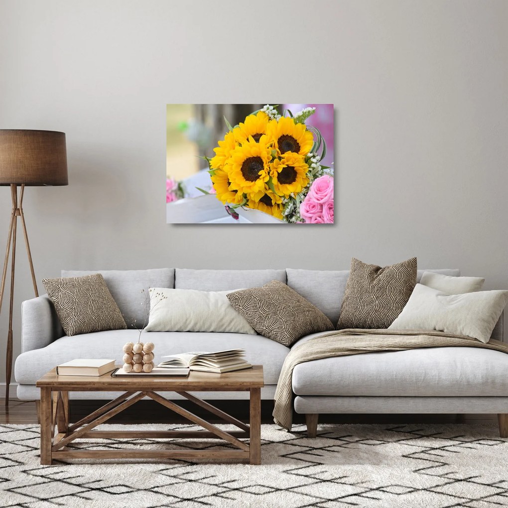 Napraforgós esküvői csokor képe (üvegen) (70x50 cm)