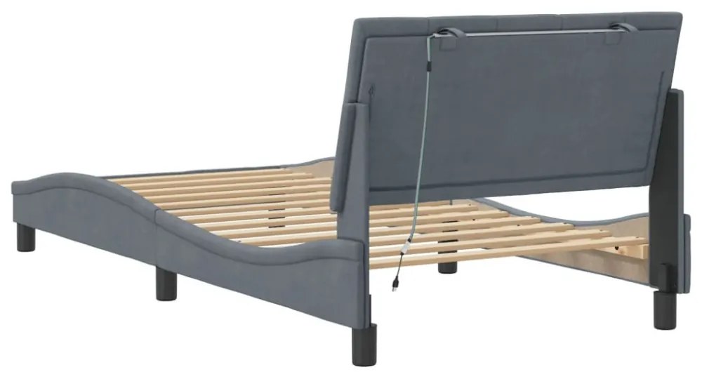 sötétszürke bársony ágykeret LED-ekkel matrac nélkül Hanko 100 x 200 cm