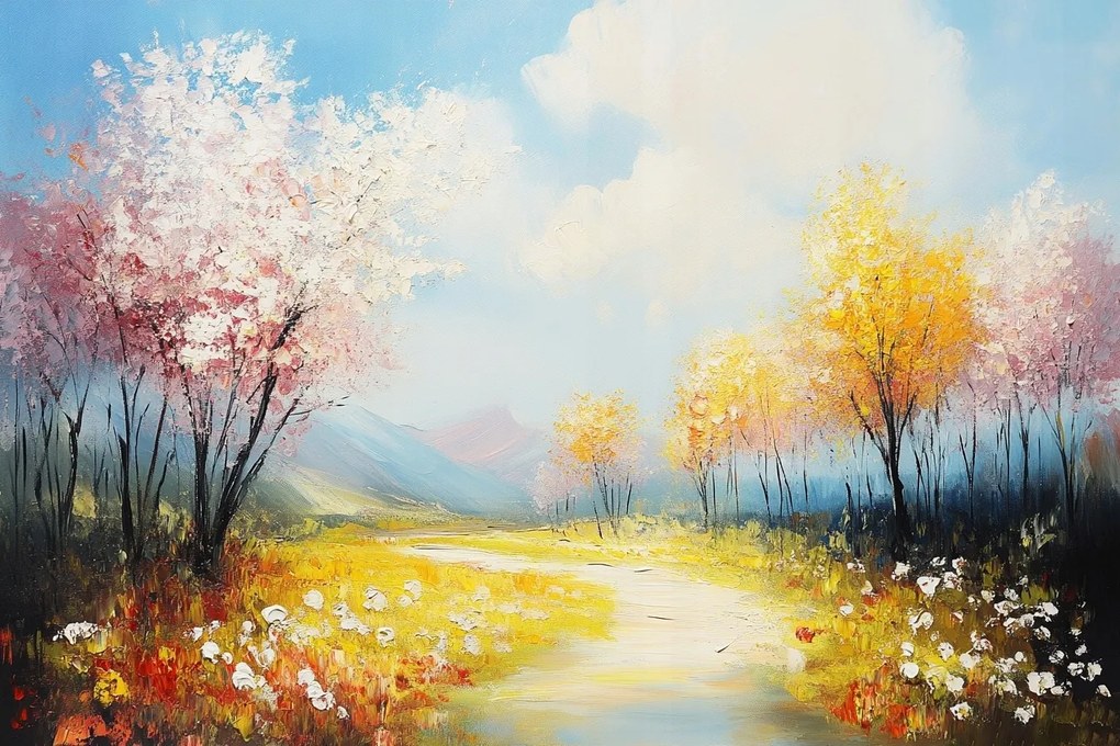 Vászonkép Canvas Tájkép Kilátás Tavasz Hegyek Völgy Rét Virágok 120x80