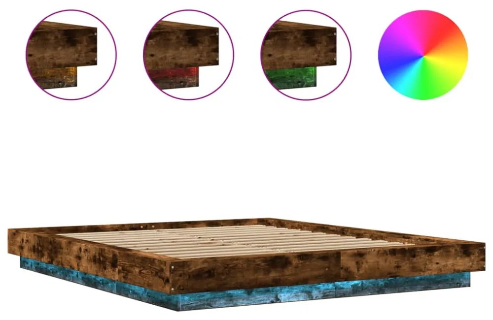 füstös tölgyszínű szerelt fa ágykeret LED-del 150x200 cm