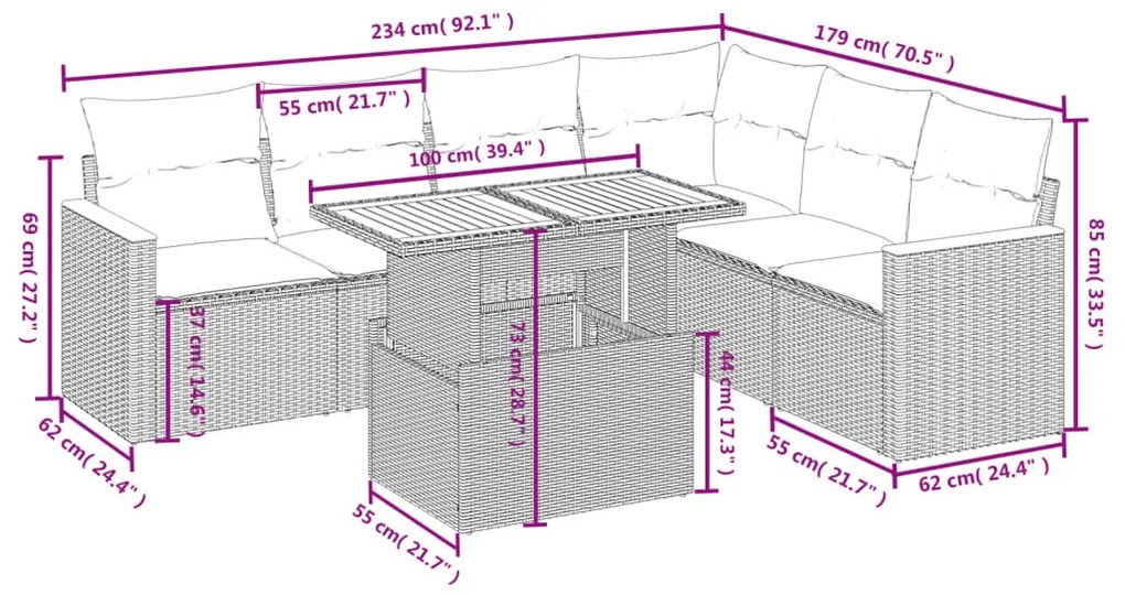 7 részes bézs polyrattan kerti ülőgarnitúra párnákkal