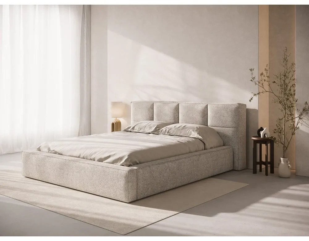 Bézs kárpitozott ágyneműtartós franciaágy ágyráccsal 180x200 cm Simon – Micadoni