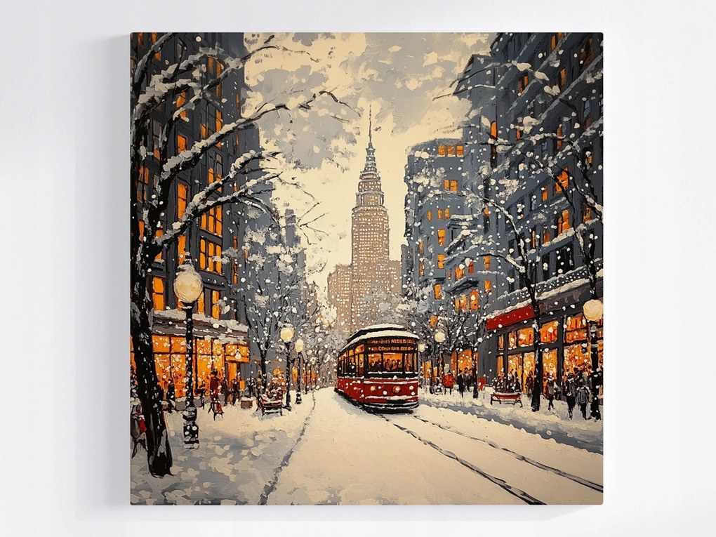 Vászonkép Canvas Téli Táj Város Villamos Hó Felhőkarcoló 40x40