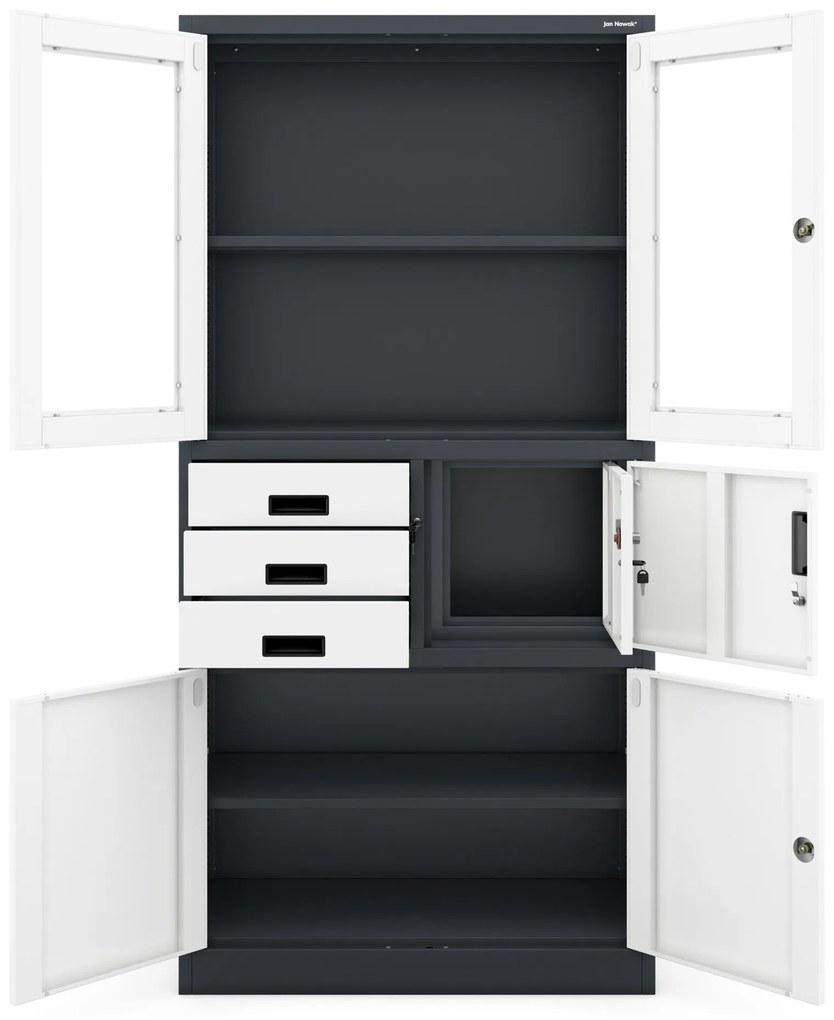 Fém iratszekrény széffel, vitrinnel és fiókokkal FILIP, 900 x 1850 x 400 mm, antracit-fehér