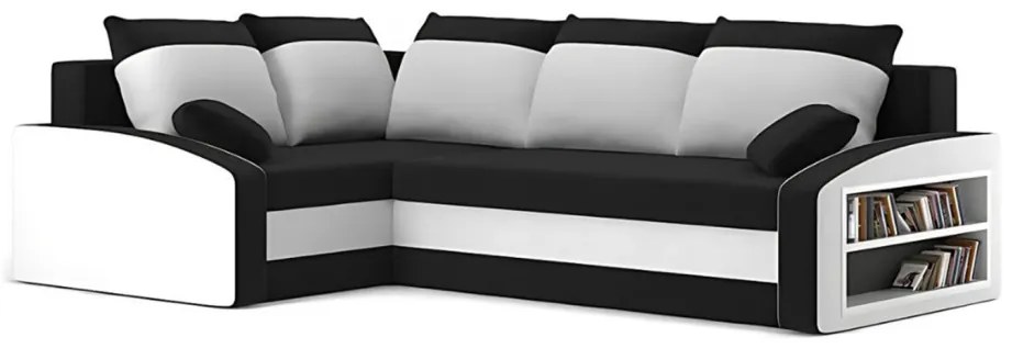 Grande sarokkanapé polcokkal , polc a jobb karfaban, baloldali, szövet anyag, bonell töltet, fekete - fehér