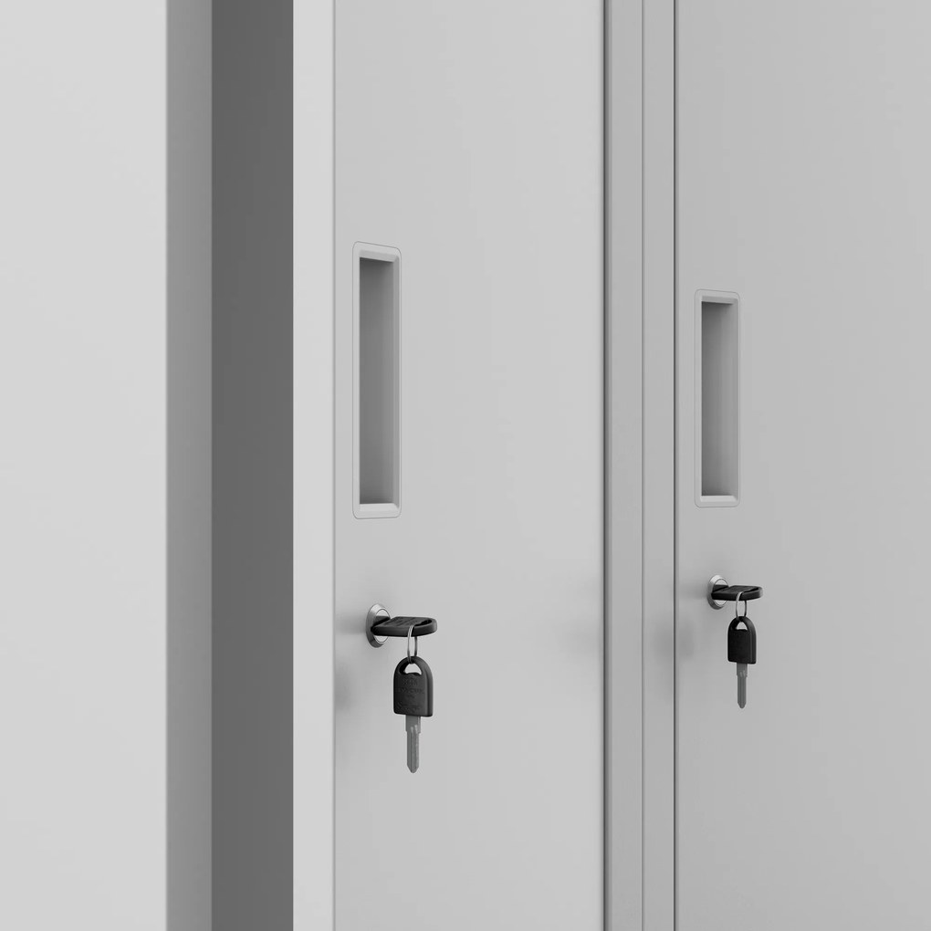 Pléh öltözőszekrény talpazaton, négymodulos, polcokkal KACPER II, 600 x 1800 x 500 mm, szürke