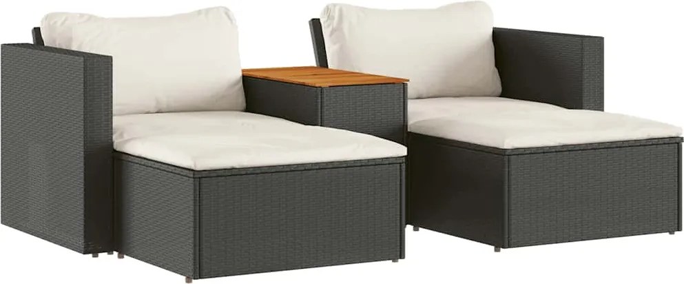 vidaXL 5 részes fekete polyrattan akácfa kerti kanapészett párnákkal