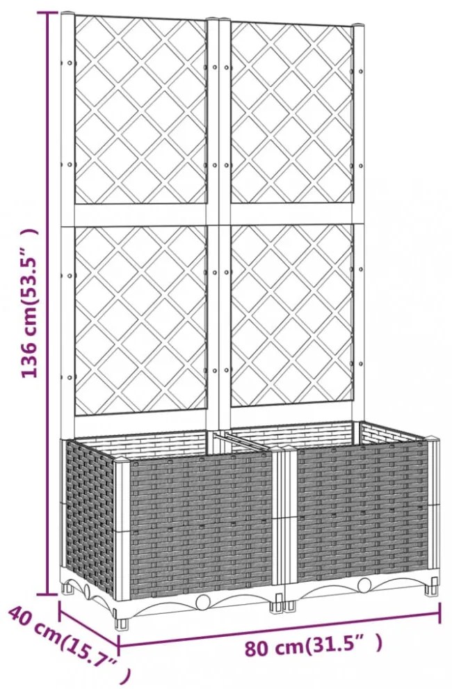 fekete polipropilén rácsos kerti ültetőláda 80 x 40 x 136 cm