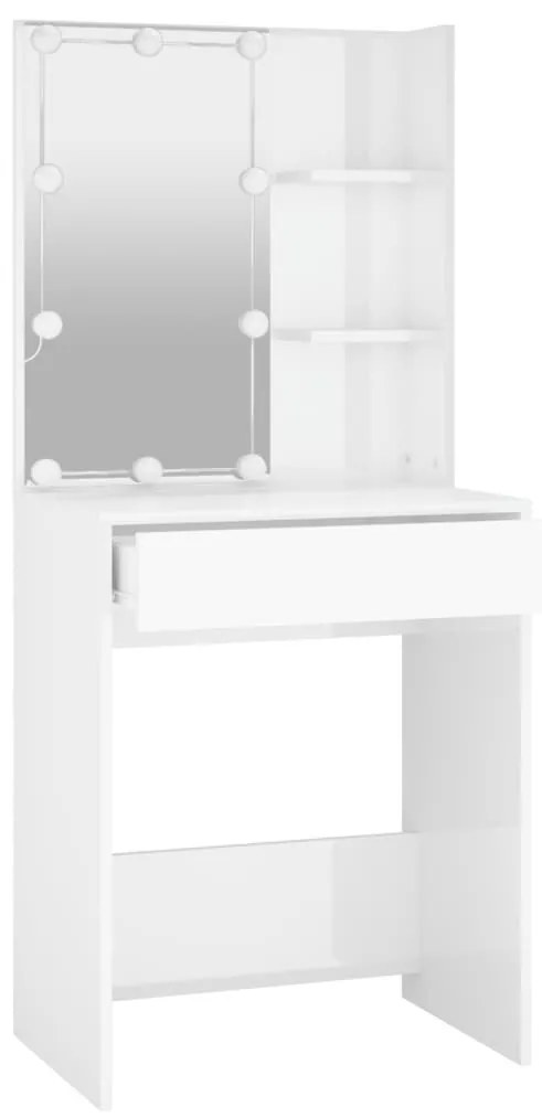 Magasfényű fehér fésülködőasztal LED-del 60 x 40 x 140 cm