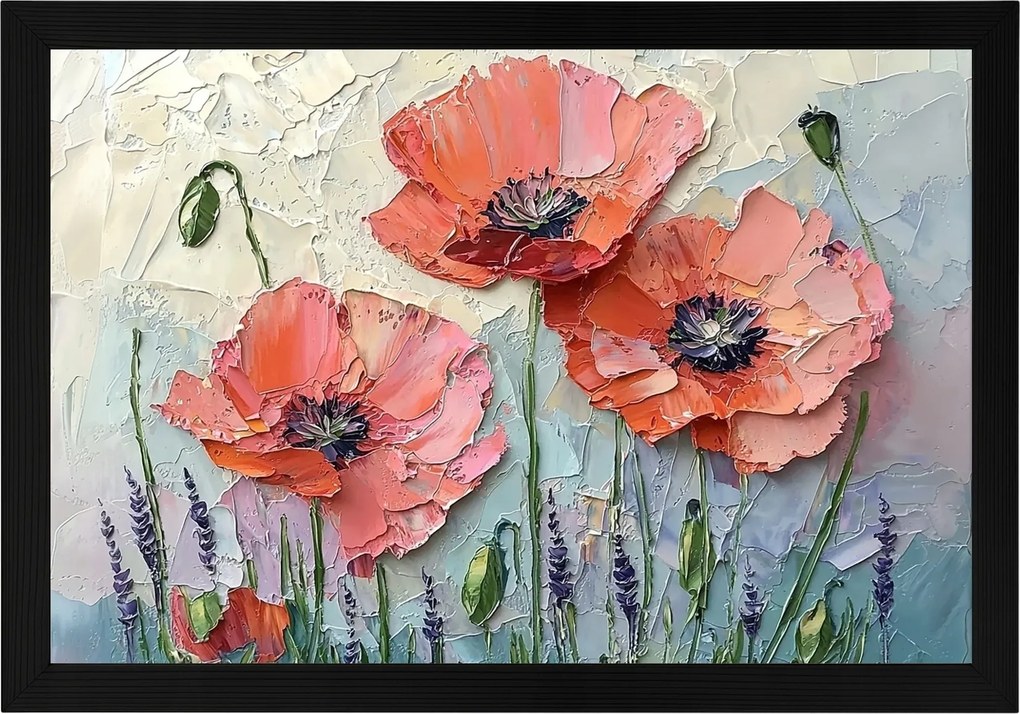 Poszter Keret Fa Természet Virágok Piros Pipacs Olaj Impasto 60x40