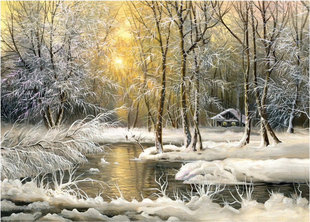 Kép - házikó az erdőben, olajfestmény (üvegen) (70x50 cm)
