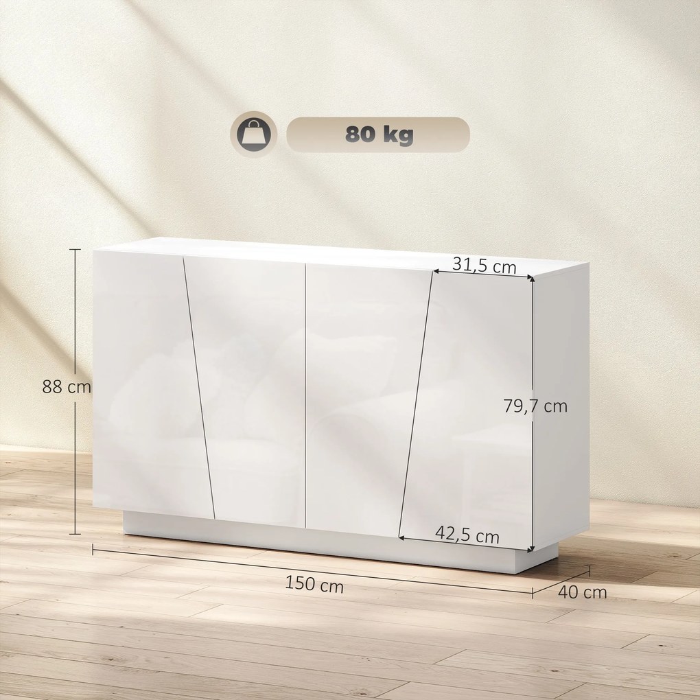 HOMCOM Tároló Szekrény Ajtókkal és Állítható Polccal, Tároló Ruhásszekrény Nappaliba, Konyhába, Hálószobába, 150 x 40 x 88 cm, Fehér Fényes | Aosom