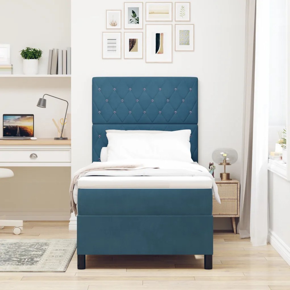 Boxspring Ágy Matraccal & LED Sötétkék 90x200 cm Bársony