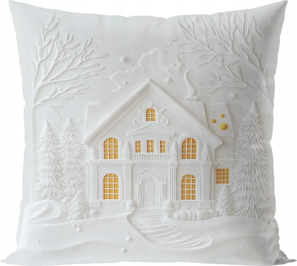 Karácsonyi Párnahuzat Velvet Házikó 3D Hatású 40x40cm szürke-fehér