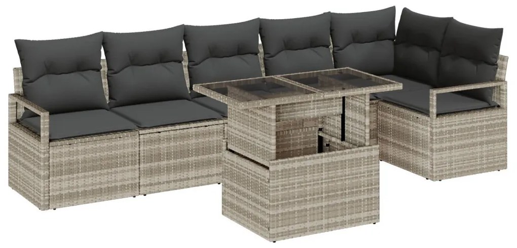 7 darabos kerti kanapé szett párnákkal, világosszürke poly rattan, 2 személyes kerti kanapé tárolóval és párnákkal, szürke poly rattan