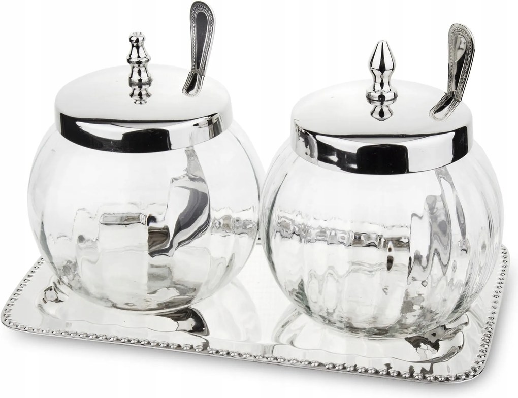 Kpl.dwóch Tálcatartó üveg ezüst kanál fedél szett