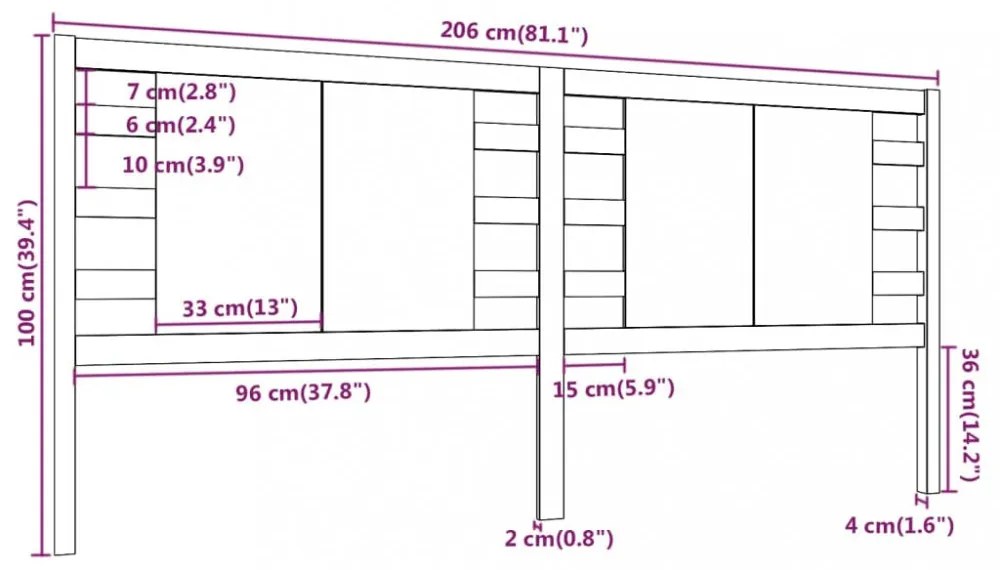 fekete tömör fenyőfa fejtámla 206x4x100 cm
