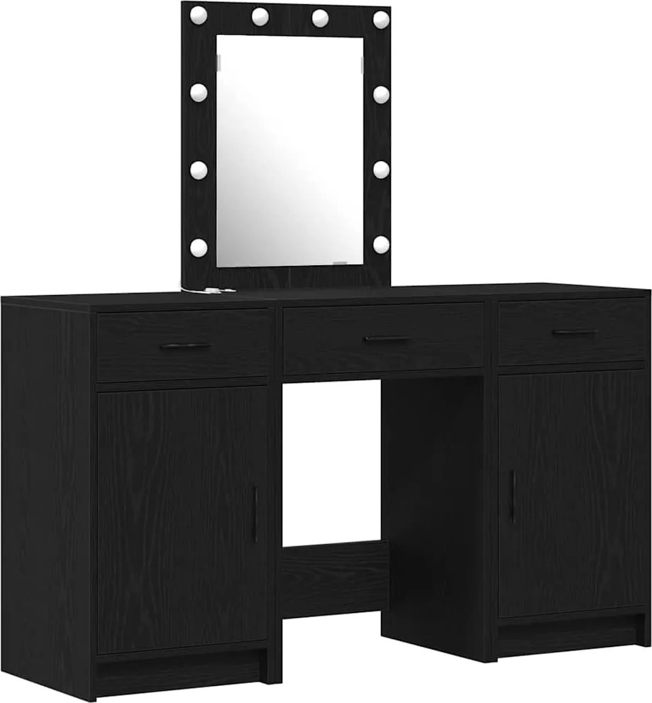 vidaXL Öltözködőasztal tükör lámpákkal Fekete 50 x 41 x 135 cm Faanyag