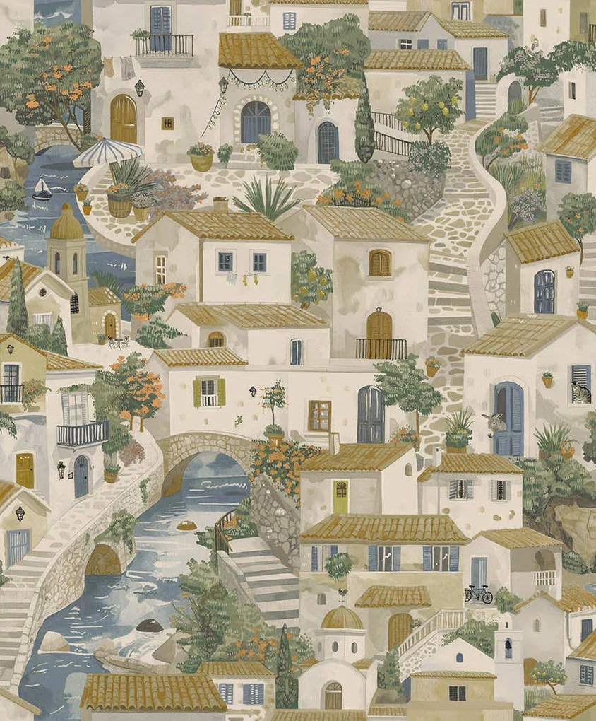 Holden Decor Wanderlust Monteroso bézs-kék mediterrán vlies tapéta – 92021
