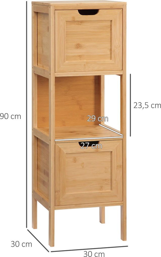 kleankin Szabadon álló fürdőszobai szekrény bambusz lábakkal, 2 eltávolítható fiókkal és 1 polccal - természetes dizájn - 30 x 30 x 90 cm | Aosom