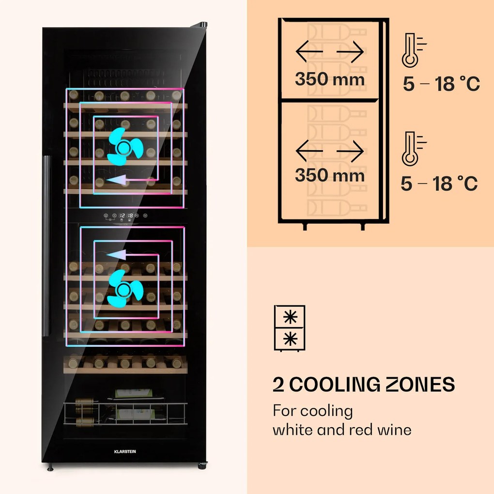 Klarstein Barossa 54 Duo, borhűtő, 148 liter,2 zóna, 54 palack, érintőképernyő