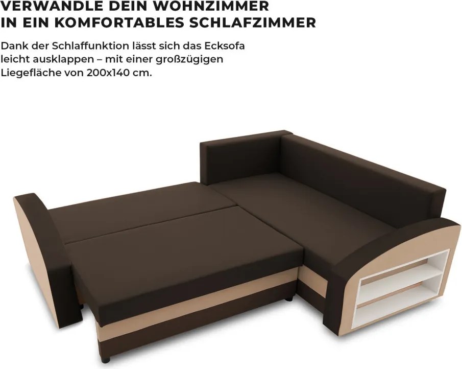 Grande sarokkanapé polcokkal , polc a jobb karfaban, jobboldali, szövet anyag, bonell töltet, barna