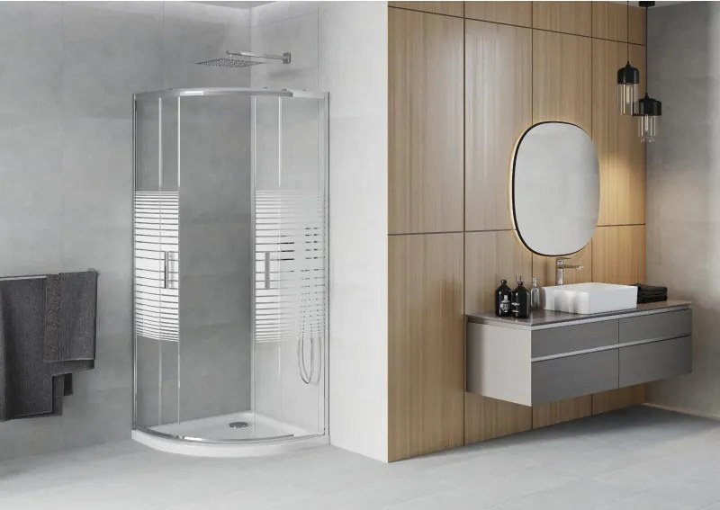 Mexen Rio 80 x 80 cm félköríves zuhanykabin, fehér csíkok, króm + Flat zuhanytálca, fehér - 863-080-080-01-20-4110
