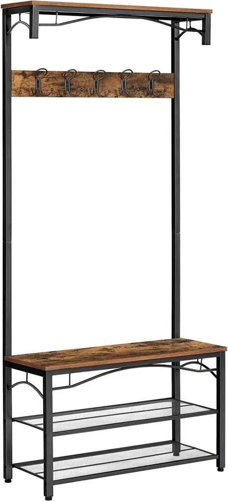 Előszoba fogas polccal, akasztókkal, cipőtartóval és ülőkével, rusztikus barna 80x32x178cm