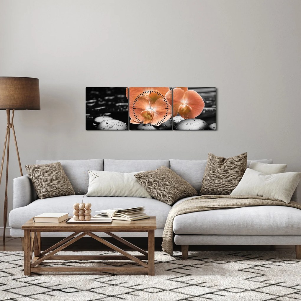 Kép - Narancssárga orchideák (órával) (90x30 cm)