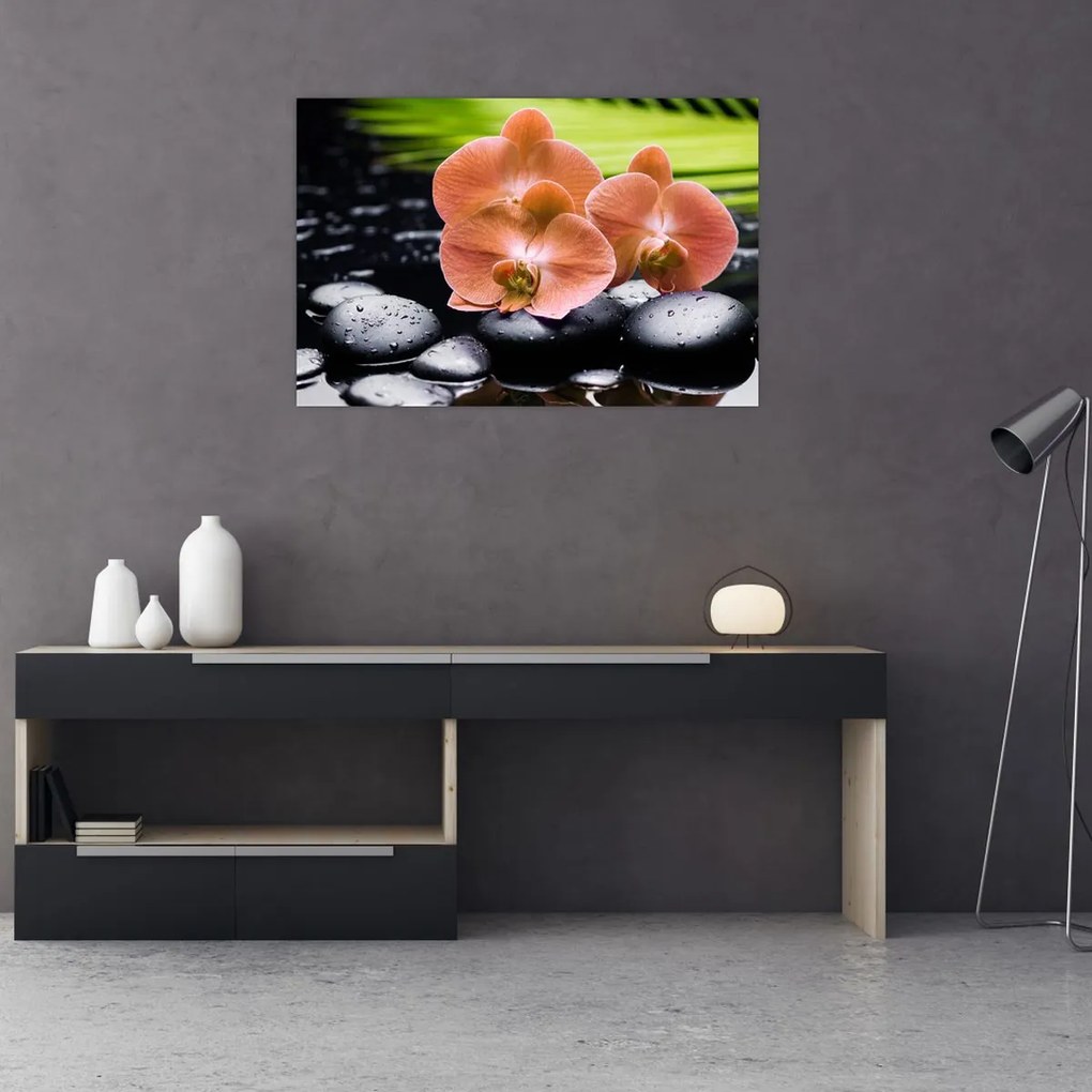 Kép - Narancssárga orchidea pálmalevelekkel (90x60 cm)