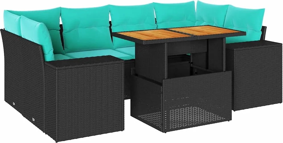 vidaXL 7 részes fekete polyrattan kerti ülőgarnitúra párnával