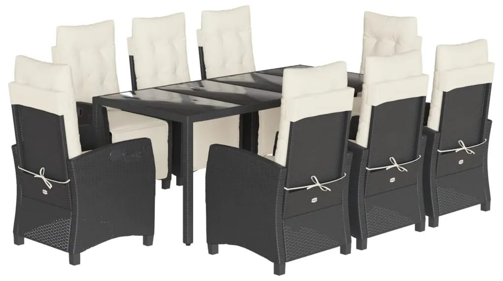 9 részes fekete polyrattan kerti étkezőgarnitúra párnákkal