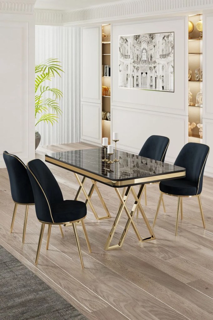 Vals étkezőgarnitúra, fekete márvány-arany, 130 cm – TR240CHR2343
