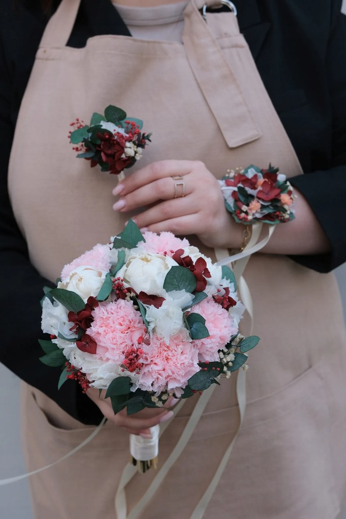 Esküvői szett, menyasszonyi csokor, fejdísz, zsebdísz,