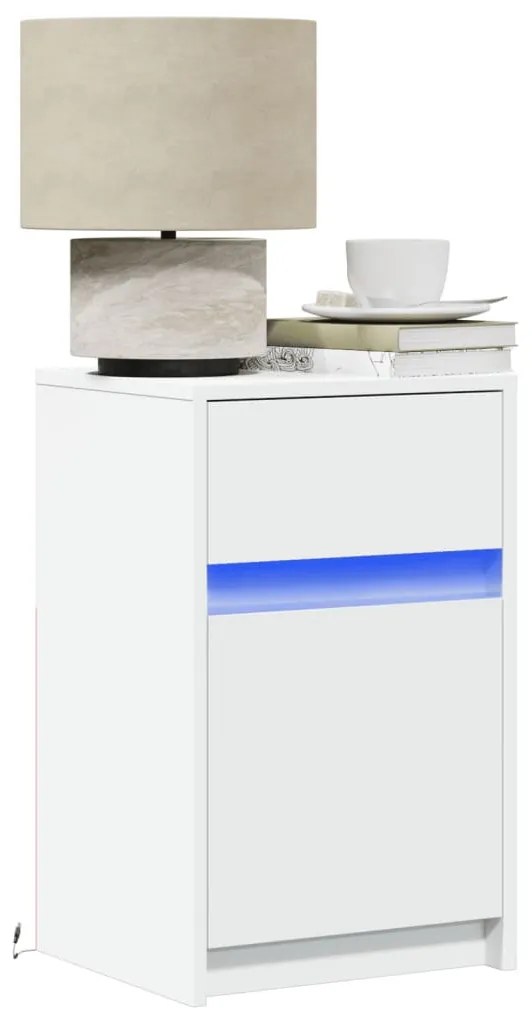 2 db fehér szerelt fa éjjeliszekrény LED-fényekkel