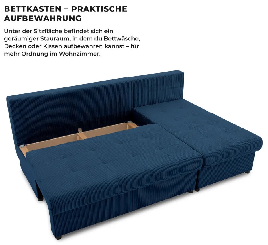 Venezia sarokkanapé, kordbársony, univerzális oldal, bonell töltet, kék