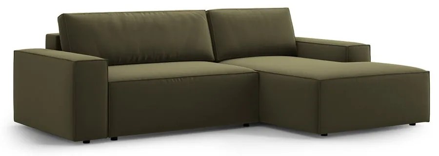Zöld bársony kinyitható-tárolóhelyes sarokkanapé (jobb oldali-heverő résszel) Jodie – Micadoni