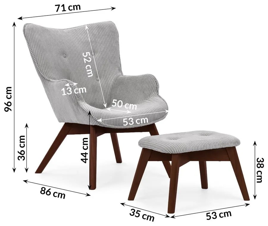 Szürke kordbársony fotel lábtartóval Niko – Ropez