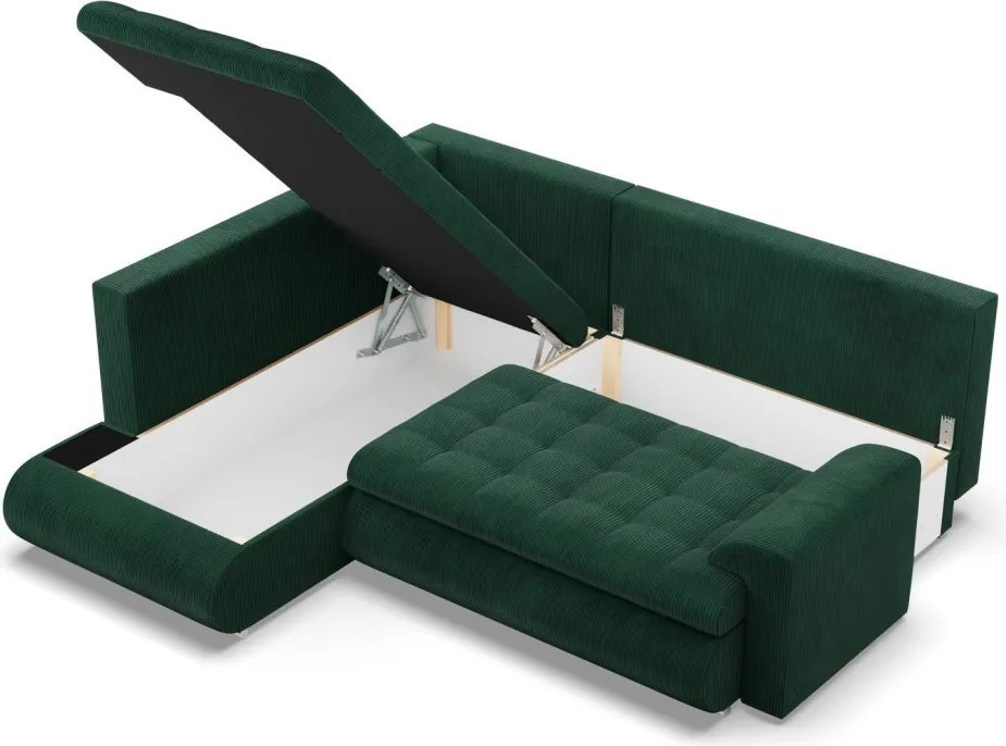 Tokio sarokkanapé, L alakú háttámlával, 2 ágyneműtartóval, kordbársony, baloldali, zöld