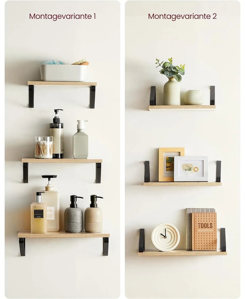 Fali polc, lebegő polc, 3 darabos készlet, tölgy-fekete