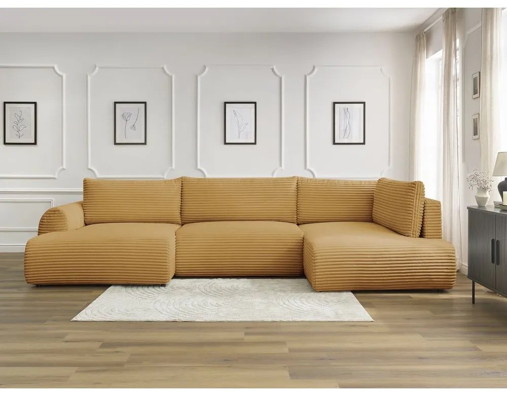 Mustársárga kordbársony kinyitható-tárolóhelyes sarokkanapé (jobb oldali-U alakú) Lucien – Bobochic Paris
