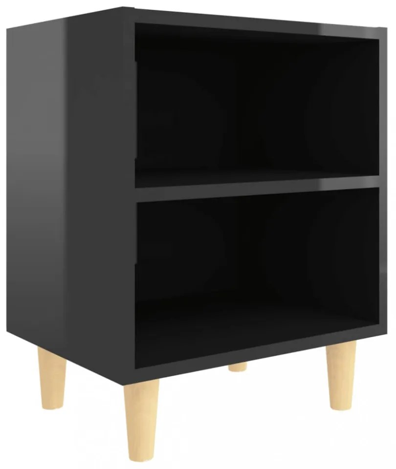 magasfényű fekete éjjeliszekrény tömör fa lábakkal 40x30x50cm