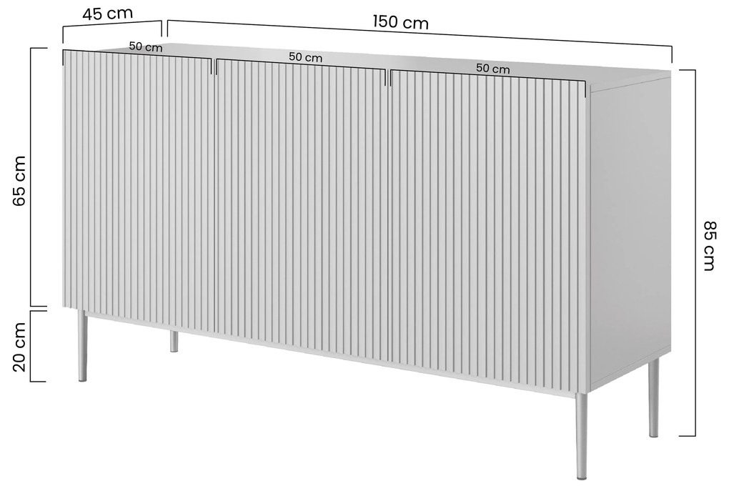 Nicole komód 150 cm háromajtós, bordázott előlap - zsályazöld / fekete lábak