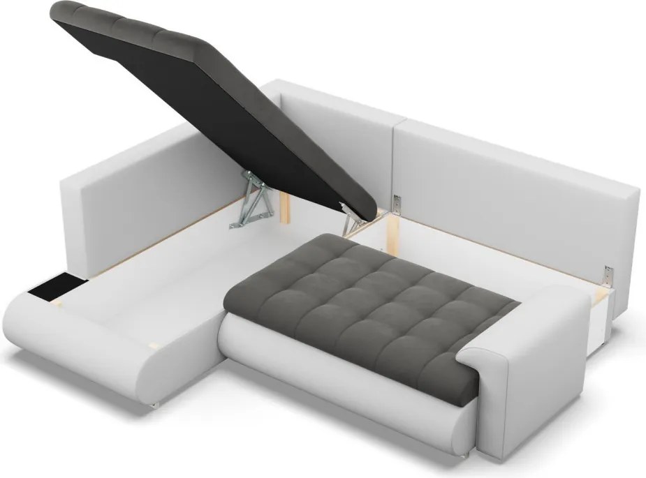 Tokio sarokkanapé, L alakú háttámlával, 2 ágyneműtartóval, bársony + műbőr, baloldali, szürke - fehér