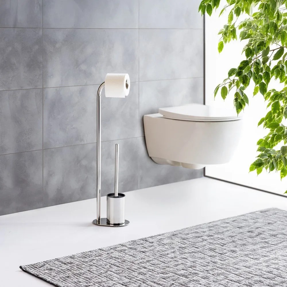 Fényes ezüstszínű rozsdamentes acél WC-papír tartó állvány WC-kefével Levante – Wenko