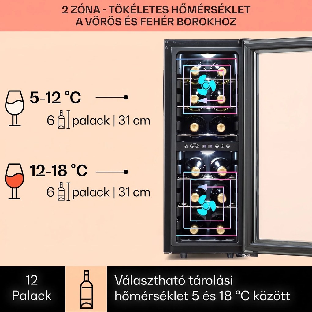 Klarstein Shiraz 12 Duo borhűtő 2 zónás 42L/12 palack 5-12 / 12-18 °C érintőképernyővel