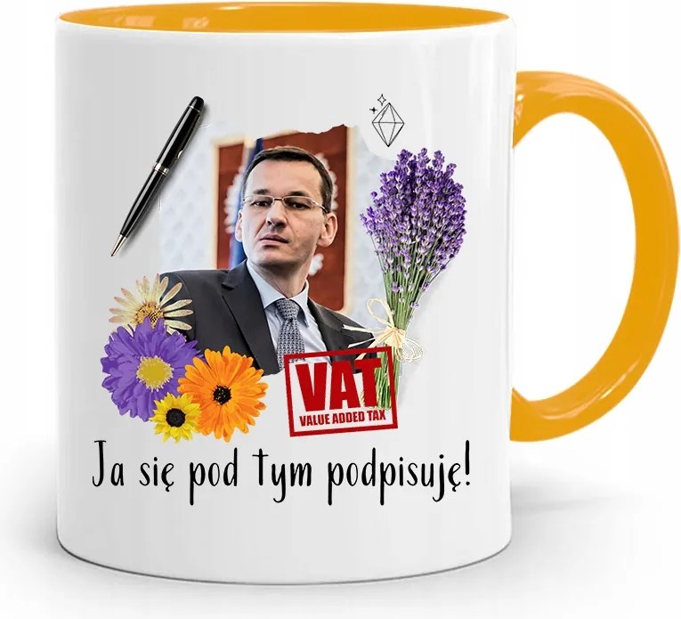 Sárga Politikus Bögre Mateusz Morawiecki Miniszterelnök fényképes nyomtatással