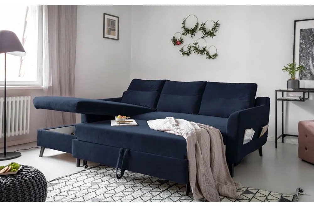Stylish Stan sötétkék kinyitható bársony sarokkanapé, bal oldali - Miuform